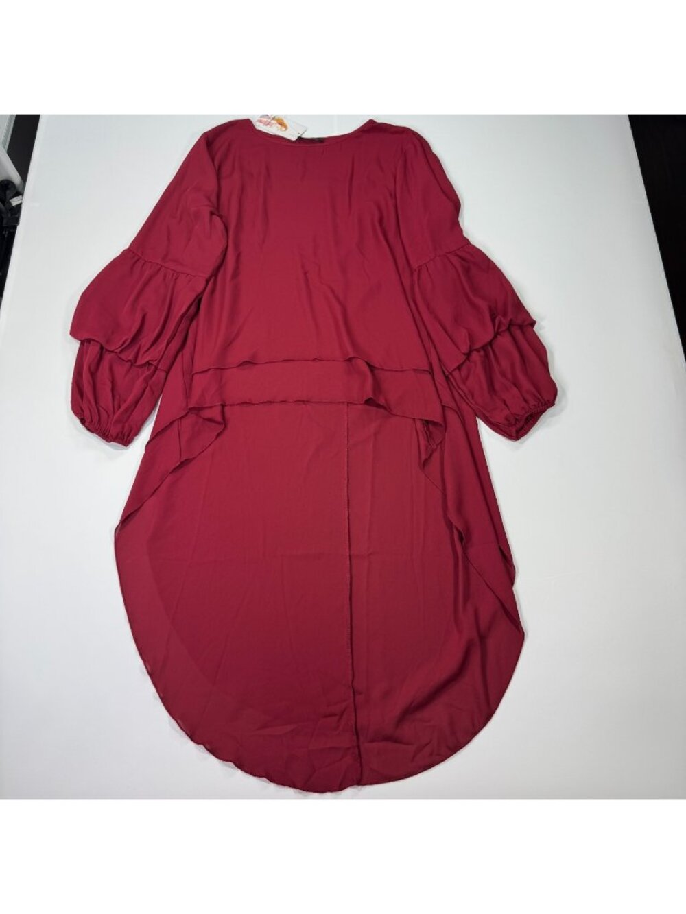PrettyGarden Blouse Women's L Red Polyester Tunic Asymmetrical Hem Tiered Sleeve